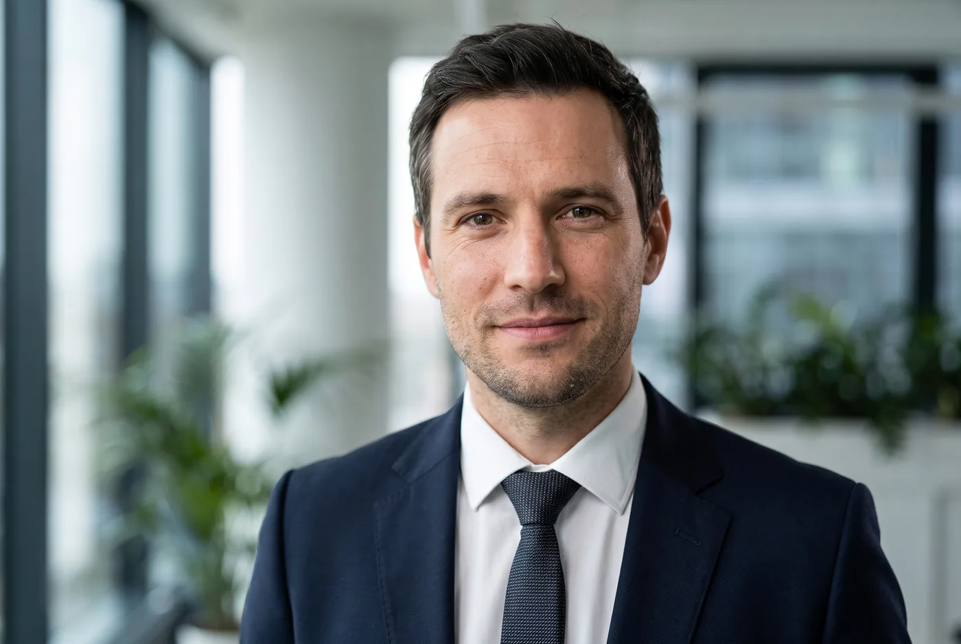 Business-Porträt eines Mannes im dunkelblauen Anzug mit Krawatte, im Hintergrund ein helles Büro mit Fenstern und Pflanzen