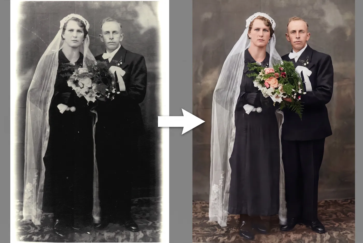 Altes Hochzeitsfoto vorher in Schwarzweiß und nachher restauriert und koloriert