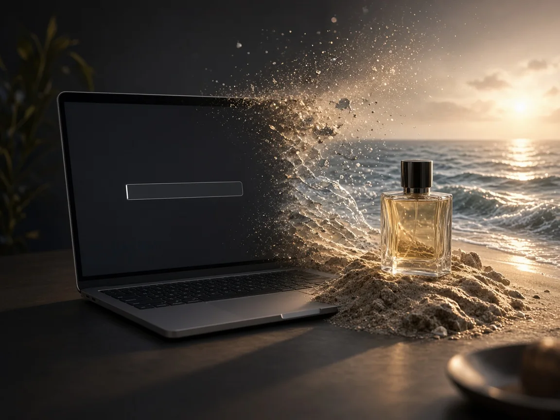 KI-generiertes Kampagnenbild: Aus einem Laptop-Eingabefeld wächst eine Parfüm-Szene am Strand