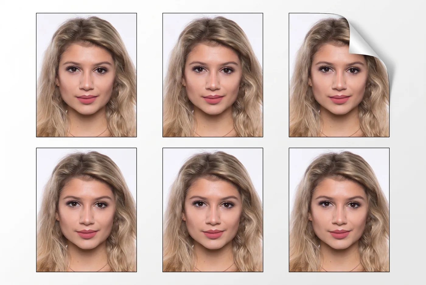 Bogen mit sechs biometrischen Passbildern einer Frau mit langen blonden Haaren